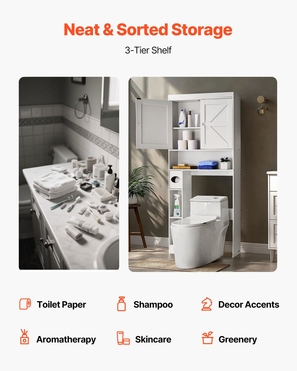 Over The Toilet Storage Cabinet, 67.44 In Height Bathroom Storage Organizer With Double Door And Adjustable Shelf, Bathroom Space Saver Organizer Above Toilet With Open Shelf, White