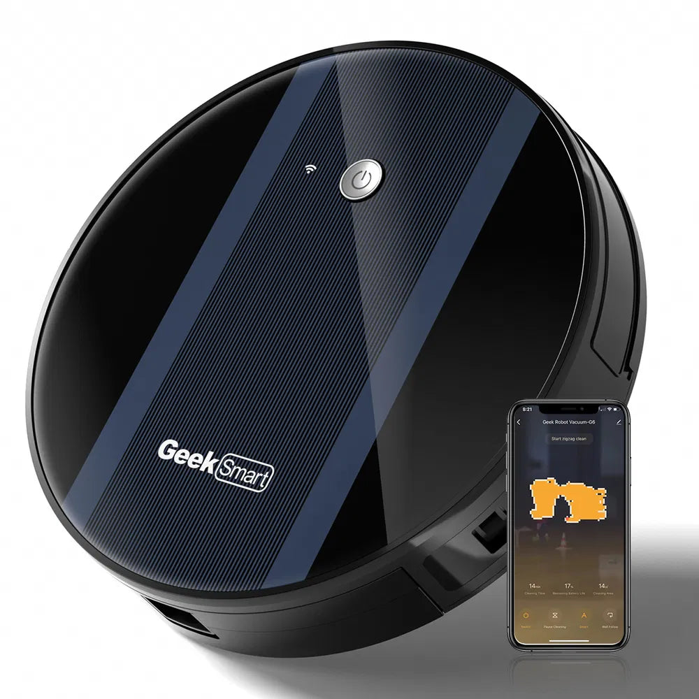Geek Smart Robot Vacuum Cleaner G6;  Ultra-Thin;  1800Pa Strong Suction;  Automatic Self-Charging;  App Control;  Custom Cleaning;  Great For Hard Floors To Carpets