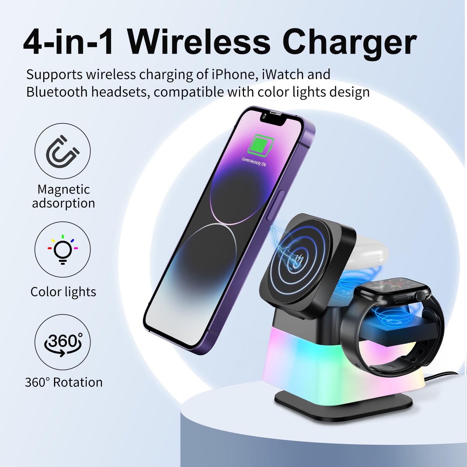 4-in-1 Magnetic Wireless Charging Station with RGB Night Light & Foldable Design