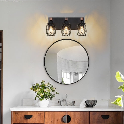 18inch Industrial Vintage 3-Light Wall Sconce - Black Cage Wall Lighting Fixture With Wooden Accents For Bathroom, Hallway, Or Living Room Bulb Not Included