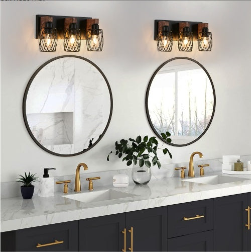 18inch Industrial Vintage 3-Light Wall Sconce - Black Cage Wall Lighting Fixture With Wooden Accents For Bathroom, Hallway, Or Living Room Bulb Not Included
