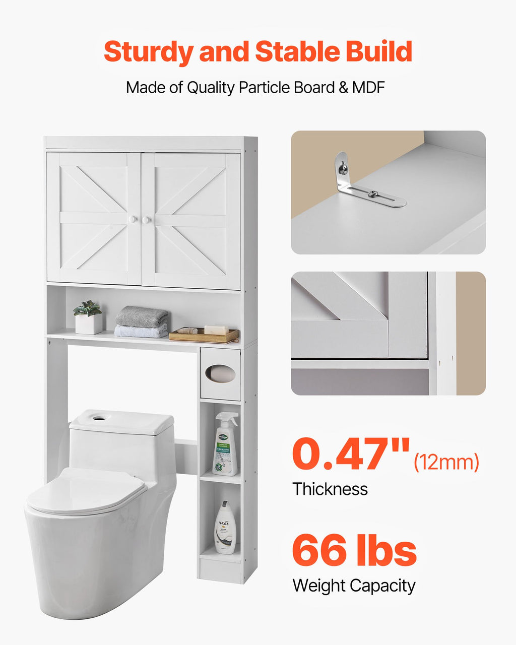 Over The Toilet Storage Cabinet, 67.44 In Height Bathroom Storage Organizer With Double Door And Adjustable Shelf, Bathroom Space Saver Organizer Above Toilet With Open Shelf, White